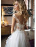 Boho Beaded Ivory Lace Tulle Sheer Pearl Buttons Back Wedding Dress